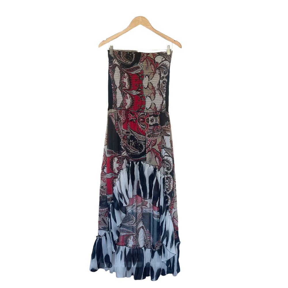 Alberto Makali Vintage Strapless High-Low Ruffle Bottom Print Dress Size Small